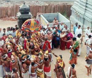 Kalasams being taken in procession before kumbhabhishekam